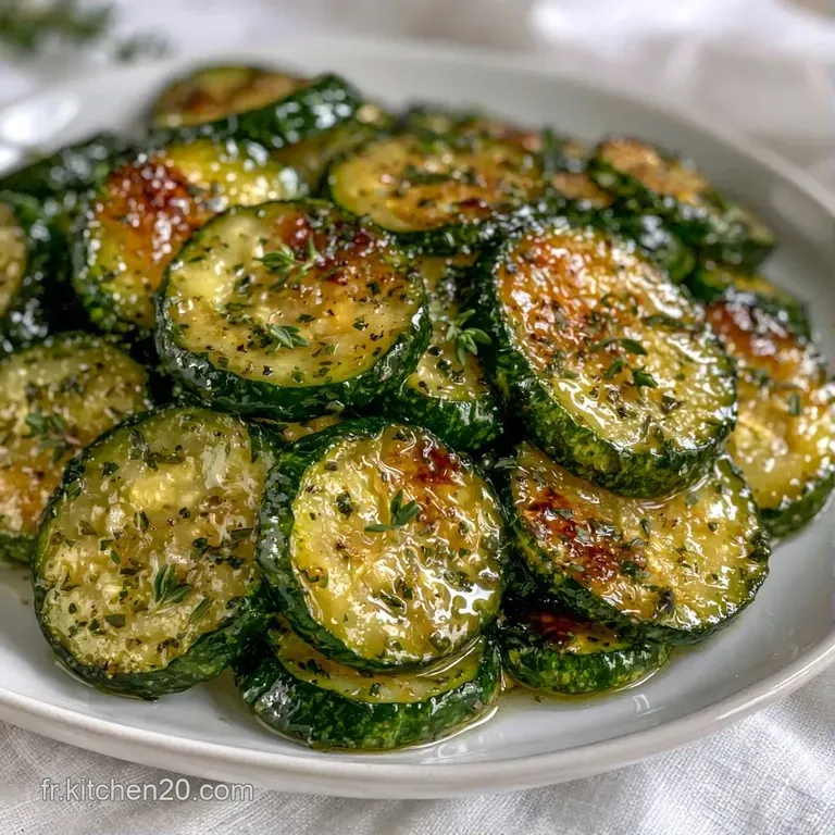 Courgettes saut&eacute;es vert vif dispos&eacute;es avec soin dans une assiette blanche, brillantes sous un filet d'huile d'olive.