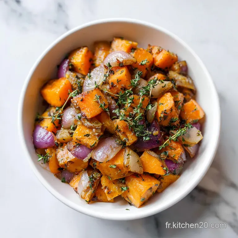 A vibrant mound of saut&eacute;ed sweet potatoes and onions, artfully arranged with a sprinkle of fresh green herbs.