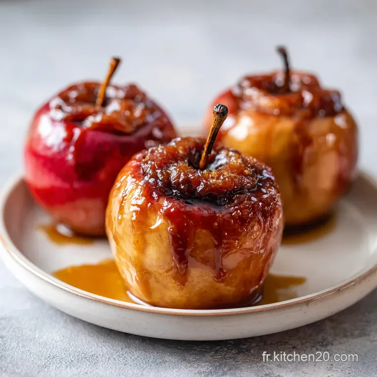 Elegant baked apple halves served in a rustic ceramic dish, drizzled with rich, glossy caramel.