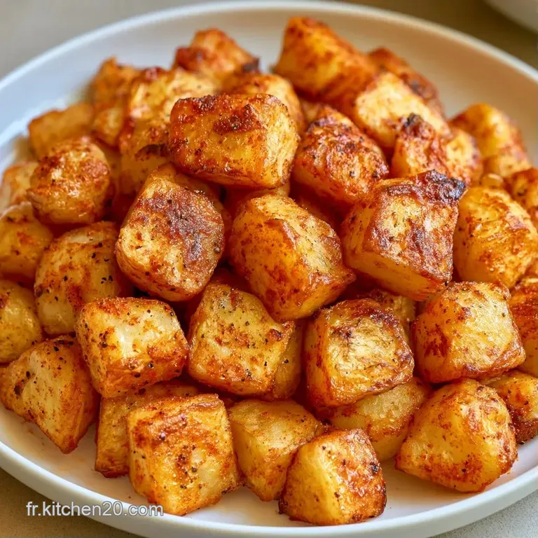 Pommes de terre orang&eacute;es et croquantes dispos&eacute;es avec soin sur une assiette blanche, agr&eacute;ment&eacute;es de persil frais.