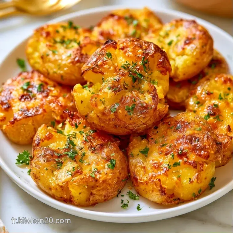 Pommes de terre &eacute;cras&eacute;es et grill&eacute;es, joliment dispos&eacute;es sur une assiette blanche avec des &eacute;clats de parmesan.