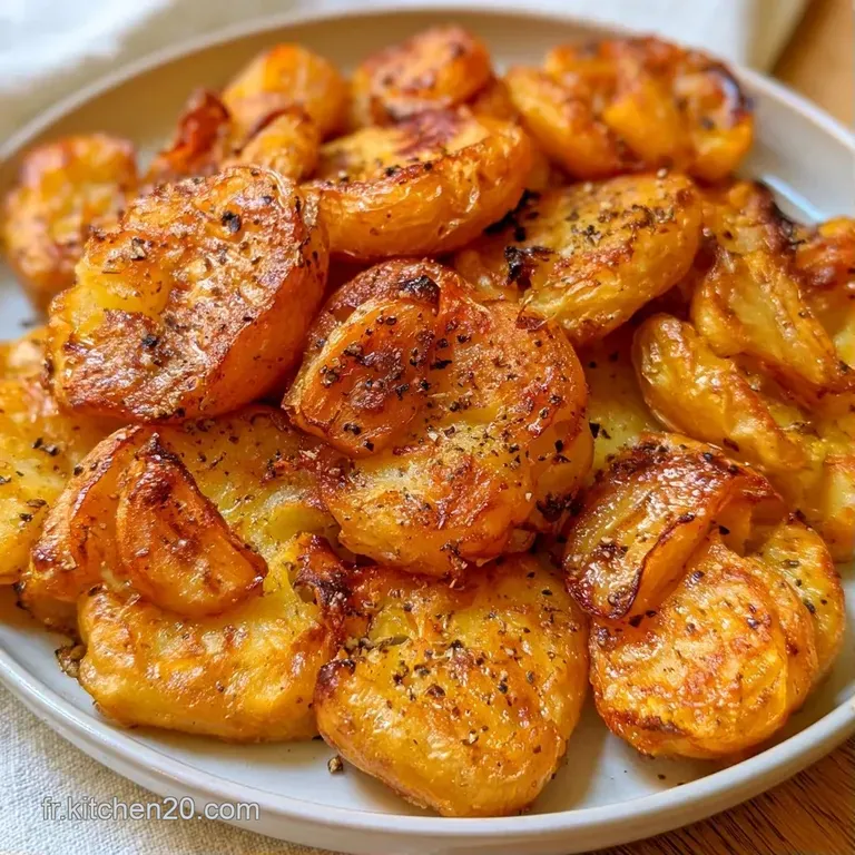 Pommes de terre &eacute;cras&eacute;es &agrave; la cro&ucirc;te dor&eacute;e, dispos&eacute;es avec soin et d&eacute;cor&eacute;es de brins de ciboulette sur assiette blanche.