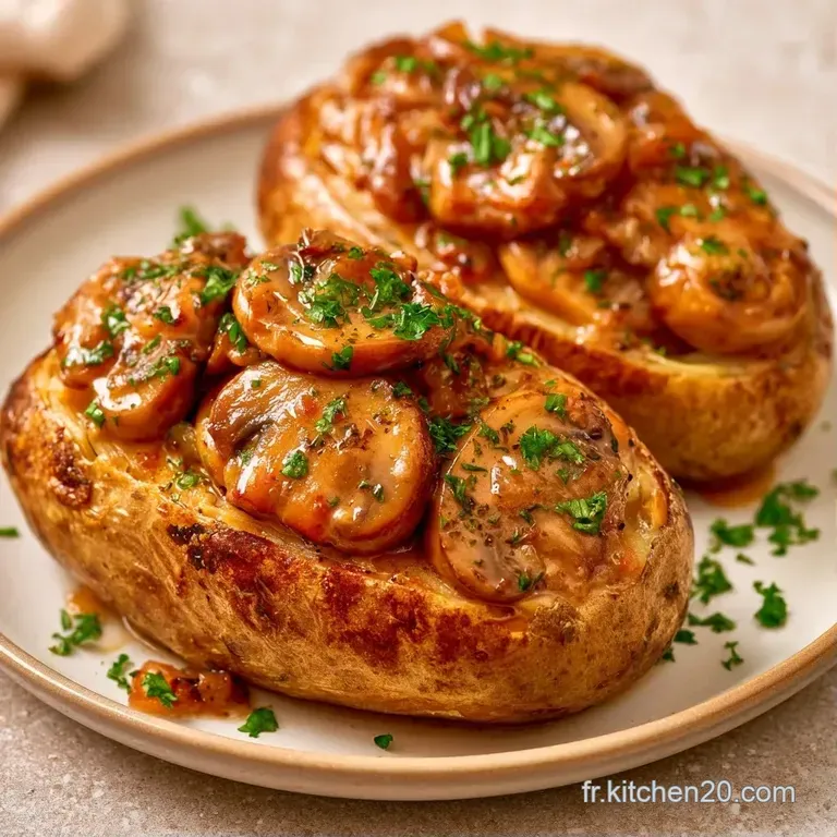 Pommes de terre r&ocirc;ties pos&eacute;es sur une assiette blanche, garniture fondante et onctueuse, d&eacute;cor&eacute;e de brins d'herbes vertes.