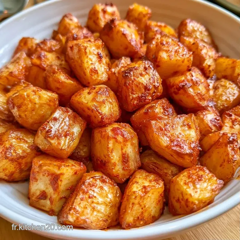 Cubes de pommes de terre croustillants et rougeoyants dispos&eacute;s avec soin, accompagn&eacute;s d'une sauce blanche cr&eacute;meuse.