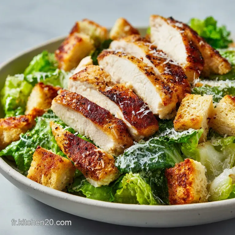 Plated chicken Caesar: Juicy chicken slices atop crisp romaine, creamy dressing drizzle, & golden croutons offer inviting ...