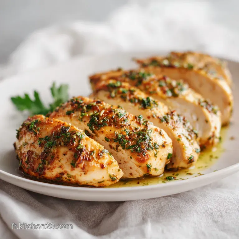 Tender chicken pieces nestled on a white plate, drizzled with rich, herbaceous sauce.