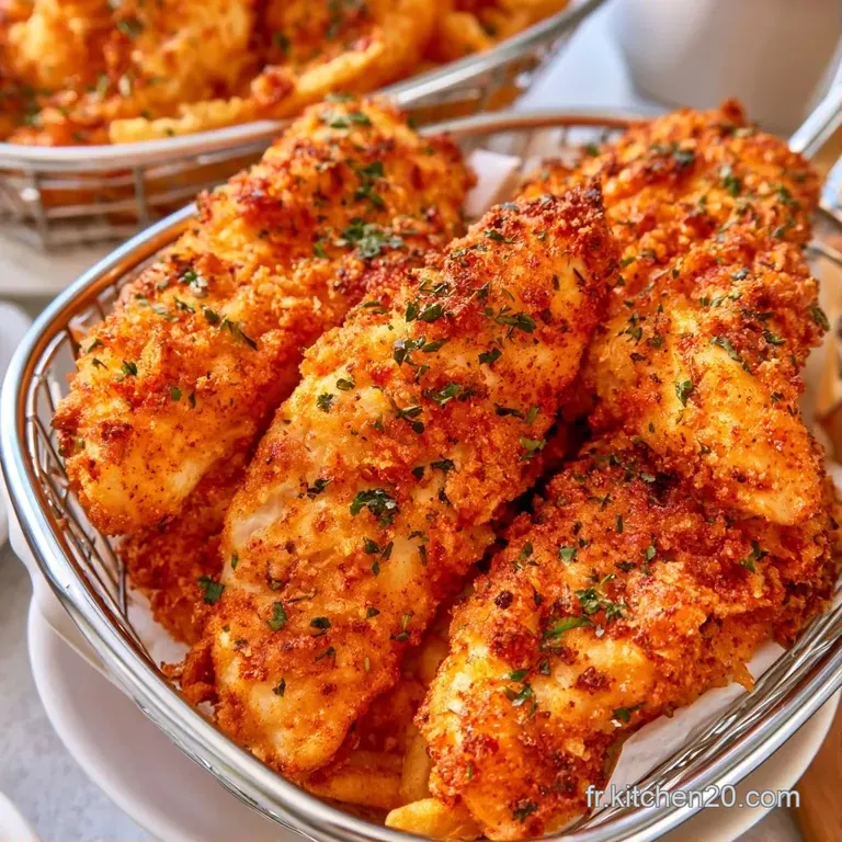 Filets de poulet bien dor&eacute;s servis sur une assiette blanche &eacute;pur&eacute;e avec une sauce cr&eacute;meuse et un quartier de citron.