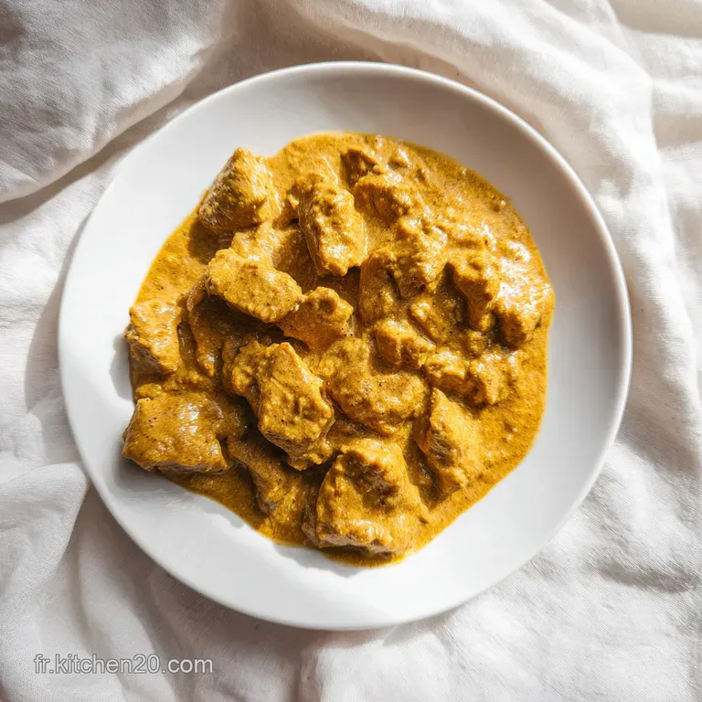 Assiette blanche avec un curry onctueux dor&eacute;, entour&eacute; de riz basmati blanc et d'une touche de cr&egrave;me liquide fondante.