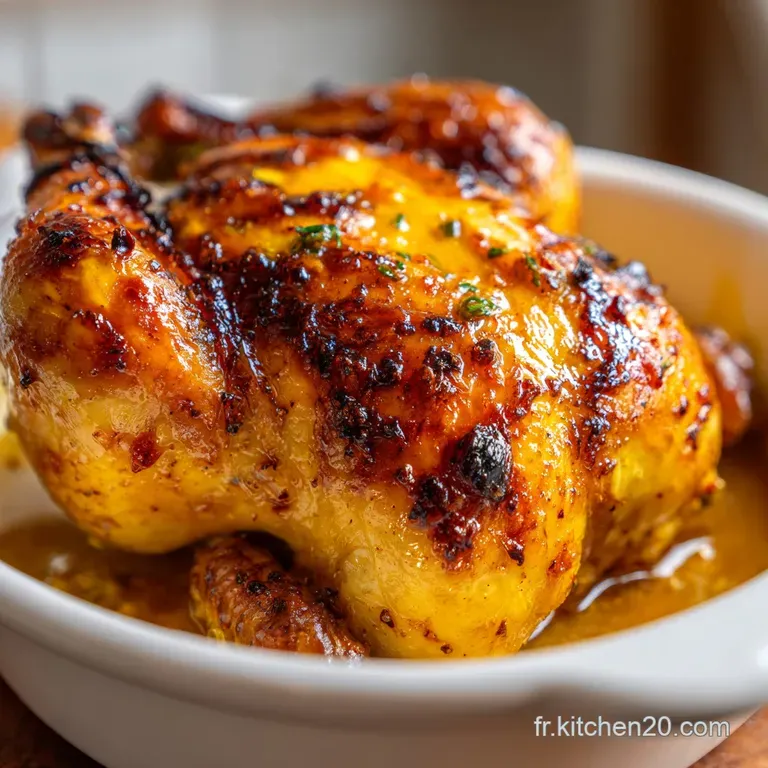 A whole roasted chicken on a ceramic platter surrounded by glossy amber onions and bright green olives.