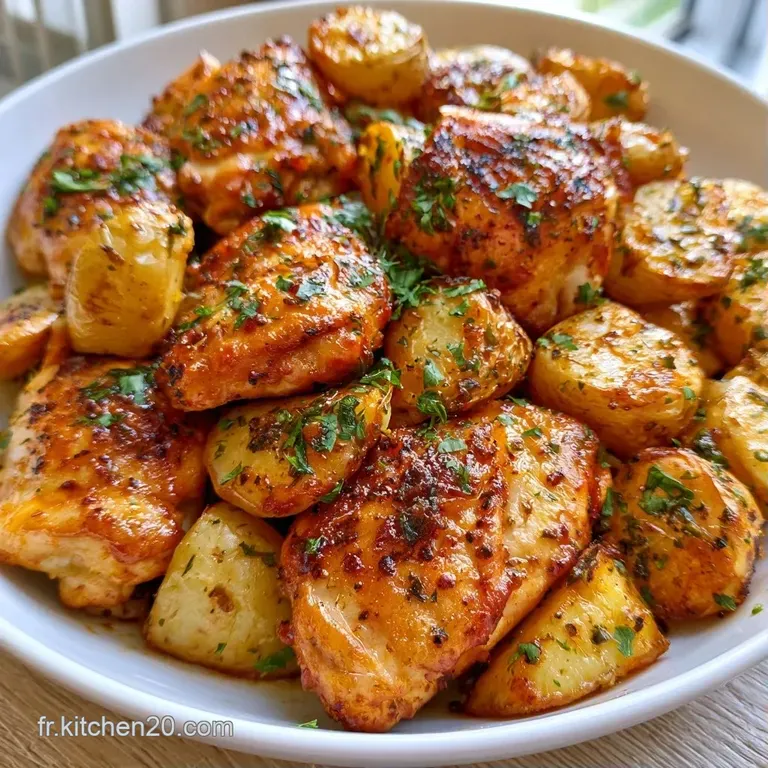 Assiette blanche &eacute;pur&eacute;e pr&eacute;sentant du poulet r&ocirc;ti brillant et des cubes de pommes de terre fondantes et dor&eacute;es.