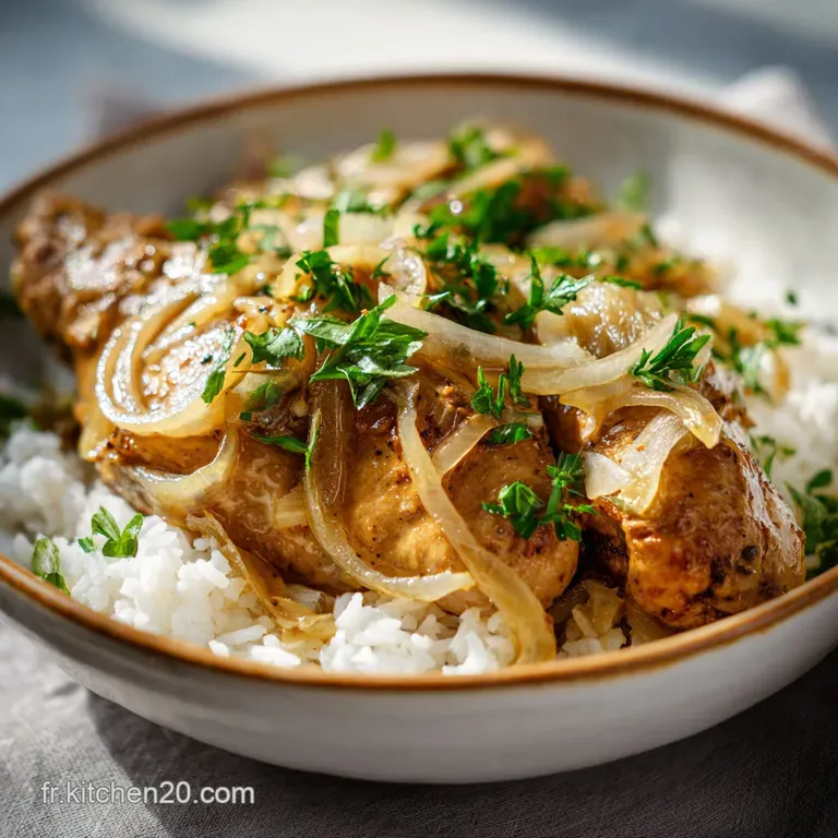 Poulet Yassa plated beautifully with fluffy white rice, highlighting the caramelized onions and tender, juicy chicken in t...