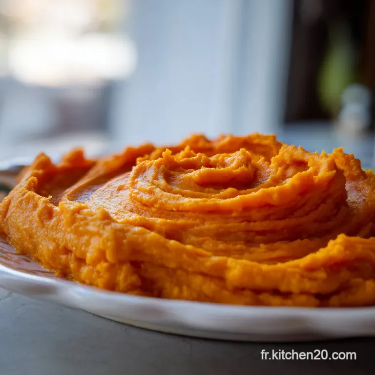 Nappe de cr&egrave;me orange velout&eacute;e &eacute;tal&eacute;e avec pr&eacute;cision sur une assiette blanche, surmont&eacute;e de quelques herbes cisel&eacute;es.