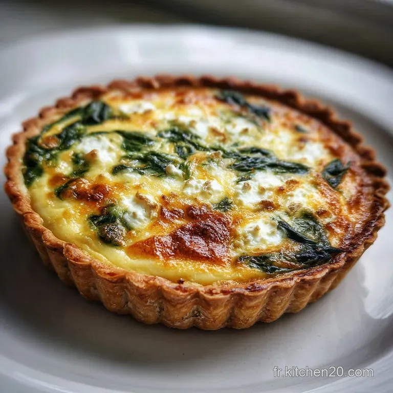 Slice of creamy quiche with spinach filling on a white plate; golden crust, rustic texture, side salad for a light lunch.