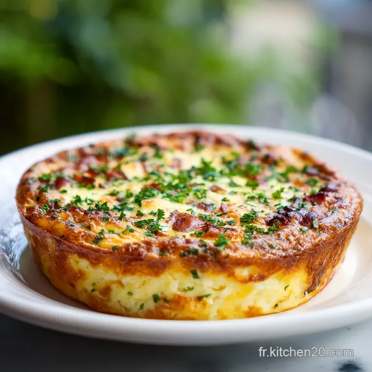 Slice of creamy, crustless quiche with bacon and herbs, plated with fresh greens, hinting at a rich and savory flavor.