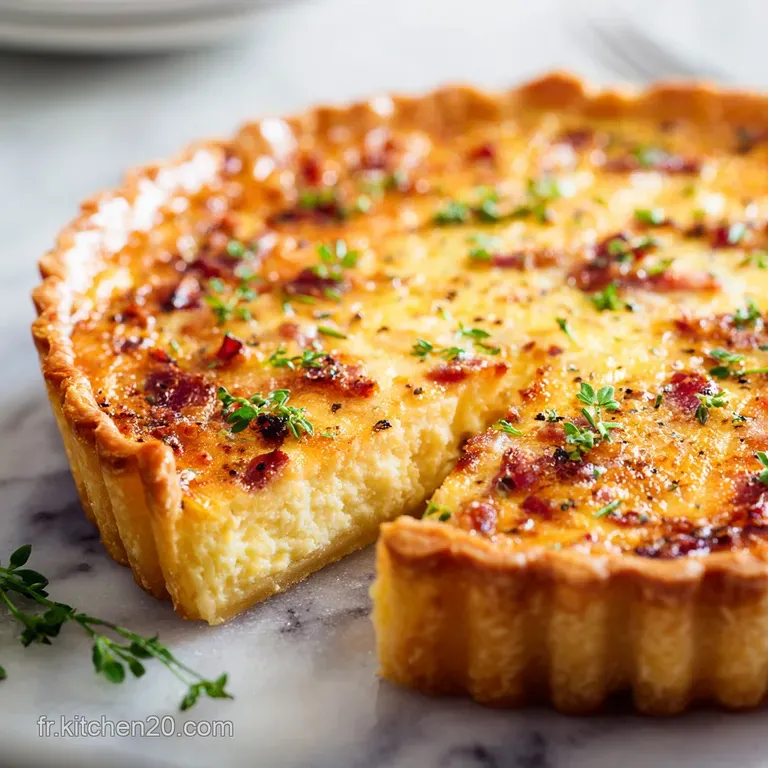 A triangular slice of quiche Lorraine on a white plate, showing flaky pastry and a creamy center.