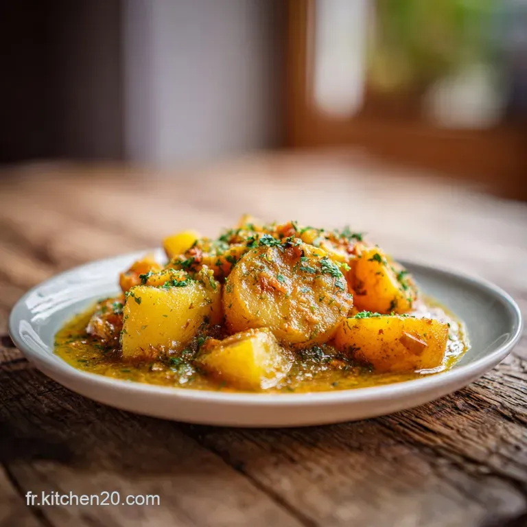Elegant serving of potato rago&ucirc;t in a white bowl, garnished with fresh parsley. Earthy tones & comforting.