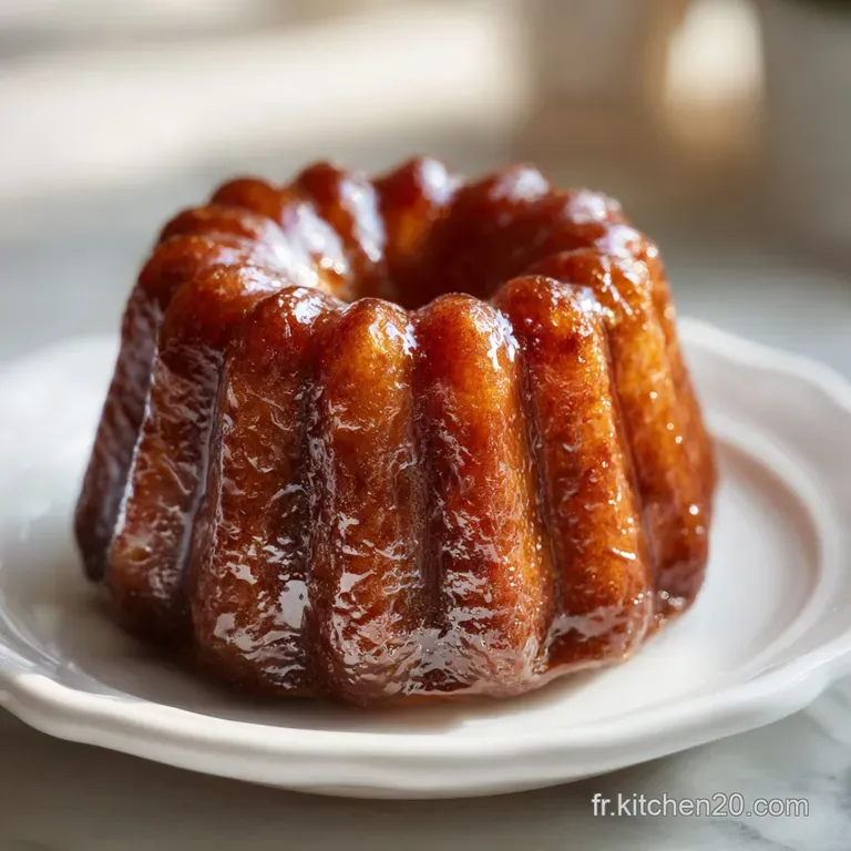 A single cannel&eacute; sits gracefully on a white plate. Its dark, textured exterior contrasts beautifully with the smooth surfa...