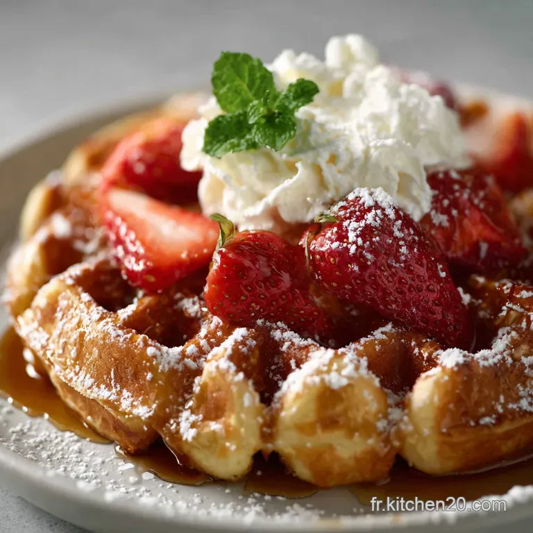 Stack of warm golden waffles, dusted with powdered sugar, nestled amongst fresh raspberries and blueberries, a sweet tempt...
