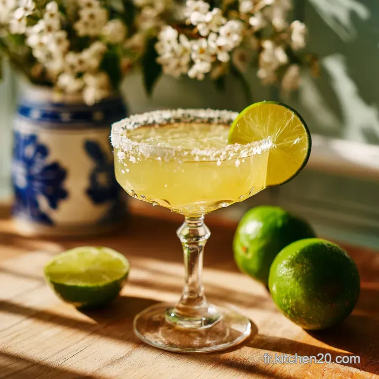 Elegant Margarita with a thick salted rim, a bright green lime wedge, and condensation on the glass, suggesting a refreshi...