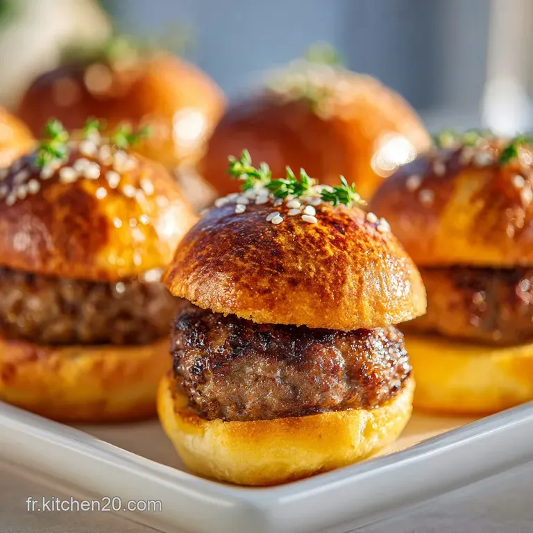 Trois mini sandwichs align&eacute;s, buns brillants, fromage coulant et feuilles de laitue fra&icirc;che sur une assiette blanche.