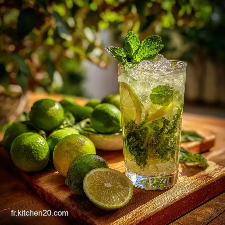 Elegant mojito presentation: frosted glass, sprig of mint, wedge of lime, inviting bubbles, and a swizzle stick.