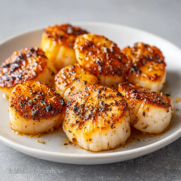 Artfully arranged scallops on a white plate, drizzled with a rich sauce and a sprig of fresh herb.