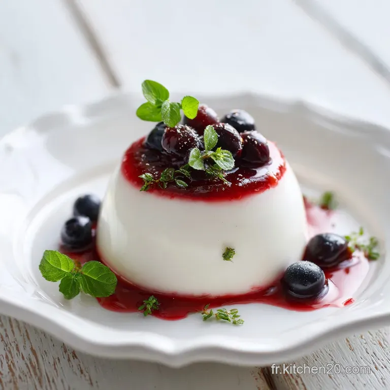 Elegant white ramekin filled with creamy panna cotta, a delicate dark chocolate shard perched on top.