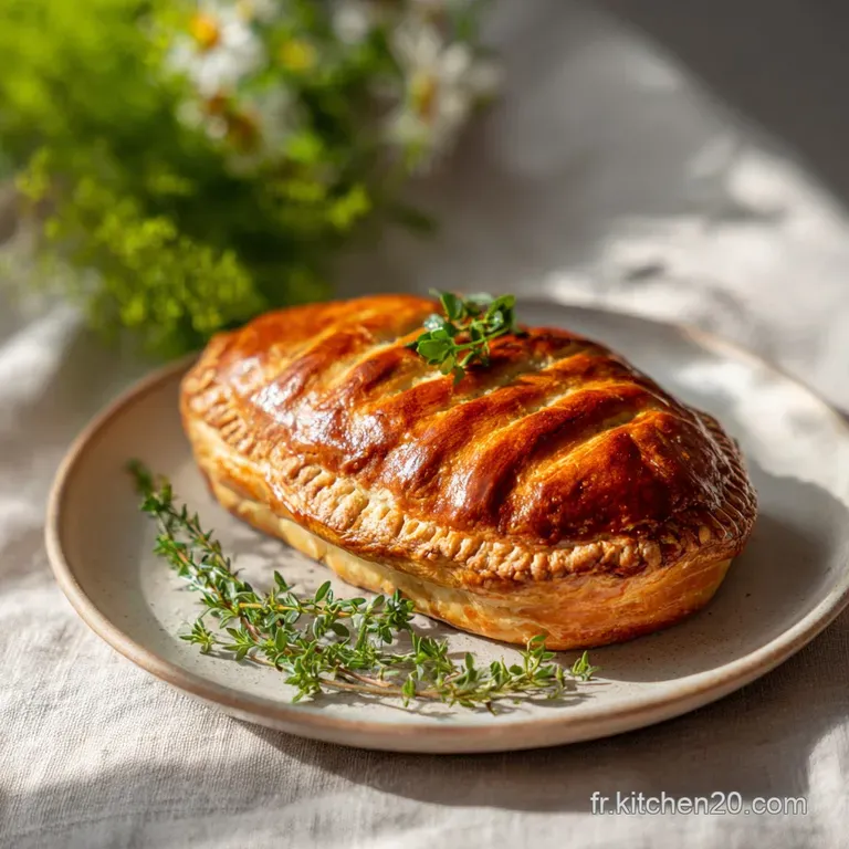 A slice of P&acirc;t&eacute; en Cro&ucirc;te with varied fillings, glistening aspic, and flaky crust, displayed elegantly on a white plate.