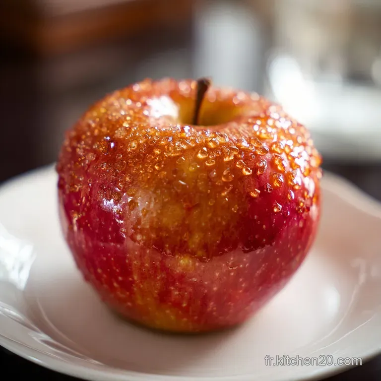 Elegant plate featuring a ruby-red candied apple, its sugary shell reflecting light, nestled amongst green leaves, hinting...