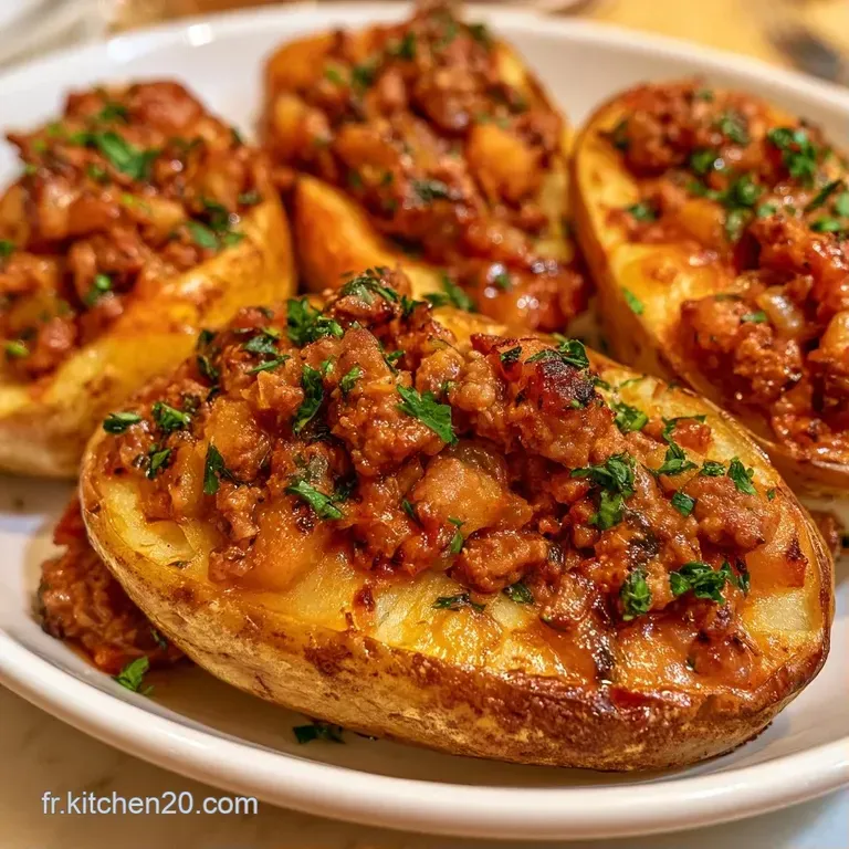 Pommes de terre r&ocirc;ties pos&eacute;es sur une assiette blanche, surmont&eacute;es d'un m&eacute;lange savoureux et color&eacute; de viande et fromage.