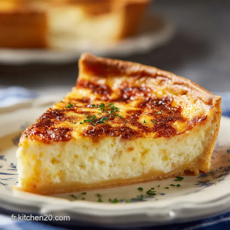 Slice of creamy quiche lorraine on a white plate; golden crust, savory filling with bacon, garnished with fresh parsley sp...