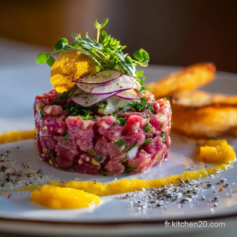 A quenelle of glistening beef tartare sits elegantly on a plate, bright herbs and crisp frites adding color and textural c...