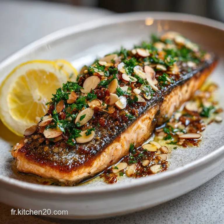 Delicate trout fillet with slivered almonds and lemon wedge on a white plate. Served with vibrant green beans and baby pot...