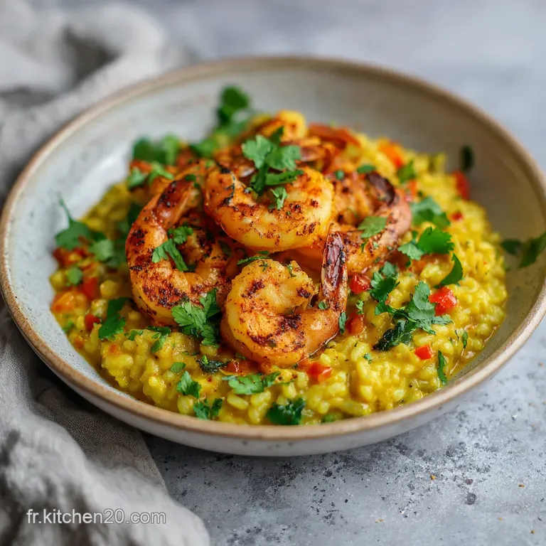 A swirl of vibrant orange risotto crowned with delicate shrimp and a sprinkle of fresh parsley.