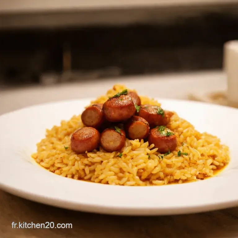 Riz Pilaf Aux Chipolatas Et L&eacute;gumes Printaniers presentation
