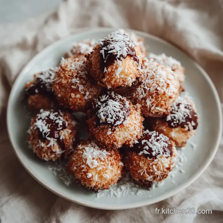 Three coconut cookies arranged artfully on a white plate, dusted with powdered sugar, highlighting their rustic, textured ...