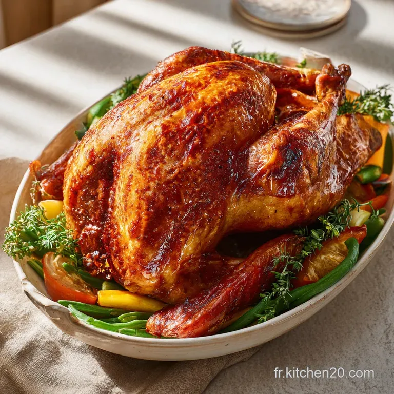Slice of tender, white turkey meat with crispy, golden-brown skin, plated with roasted root vegetables. A flavorful, invit...