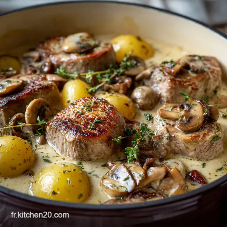 R&ocirc;ti de Veau &agrave; la cocotte aux champignons fa&ccedil;on grandm&egrave;re tendre et cr&eacute;meux