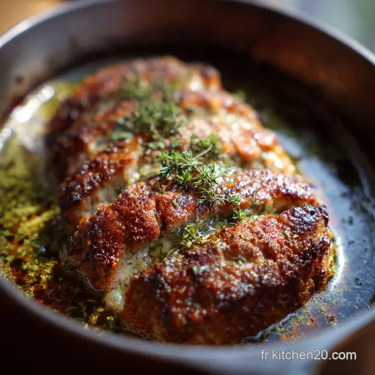 Tender slices of veal roast arranged on a plate, drizzled with pan sauce, and garnished with fresh thyme sprigs for an ele...
