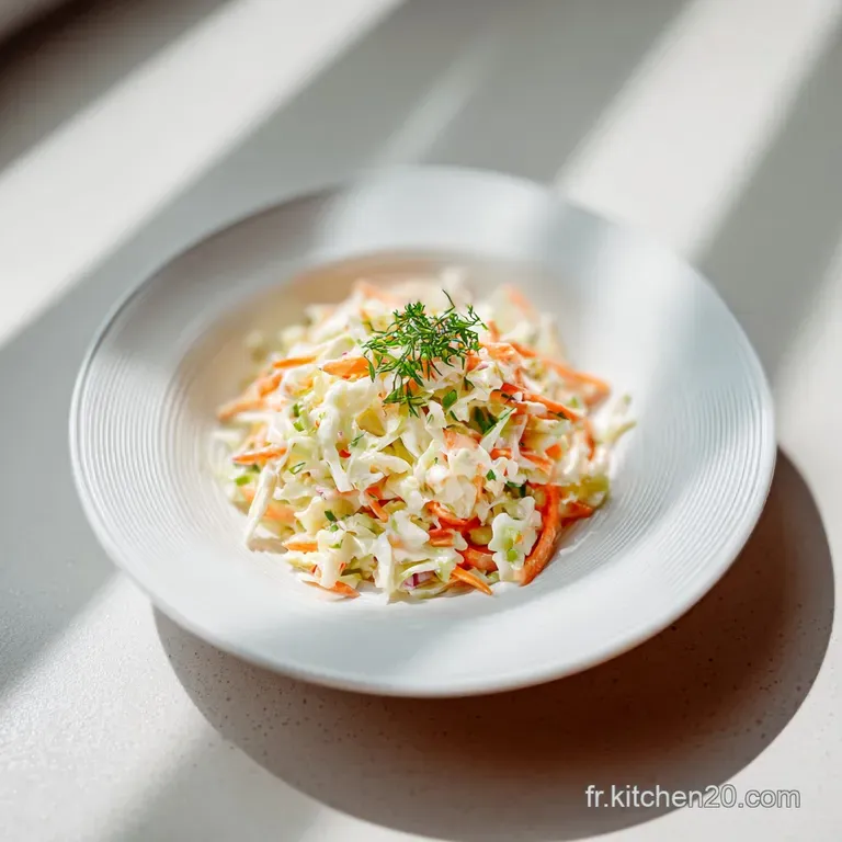 Elegant portion of homemade coleslaw with vibrant green cabbage, orange carrots, and creamy white dressing, plated beautif...