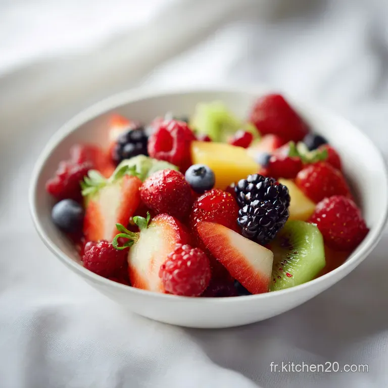 A refreshing mound of exotic fruits artfully arranged in a clear glass bowl, glistening