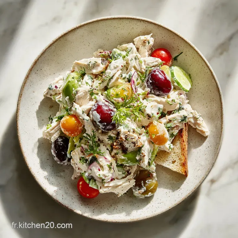 Elegant plate featuring a mound of chicken salad: grilled chicken, crisp lettuce, ripe tomatoes, creamy dressing.
