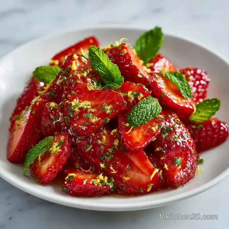 Tranches de fraises rouges brillantes dispos&eacute;es en cercle avec des pointes de menthe fra&icirc;che sur une assiette &eacute;pur&eacute;e.