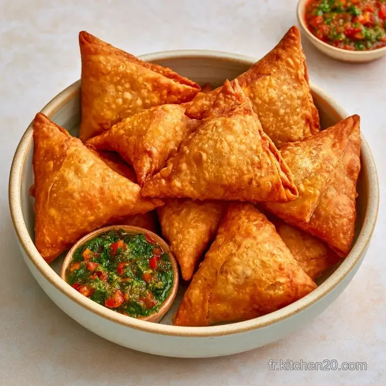 Trois beignets triangulaires bien dor&eacute;s pos&eacute;s sur une assiette blanche, accompagn&eacute;s de herbes fra&icirc;ches et d'une sauce.