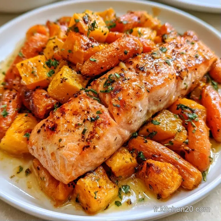 Pav&eacute; de poisson nacr&eacute; dispos&eacute; avec soin, accompagn&eacute; de l&eacute;gumes r&ocirc;tis color&eacute;s sur une assiette en c&eacute;ramique blanche.