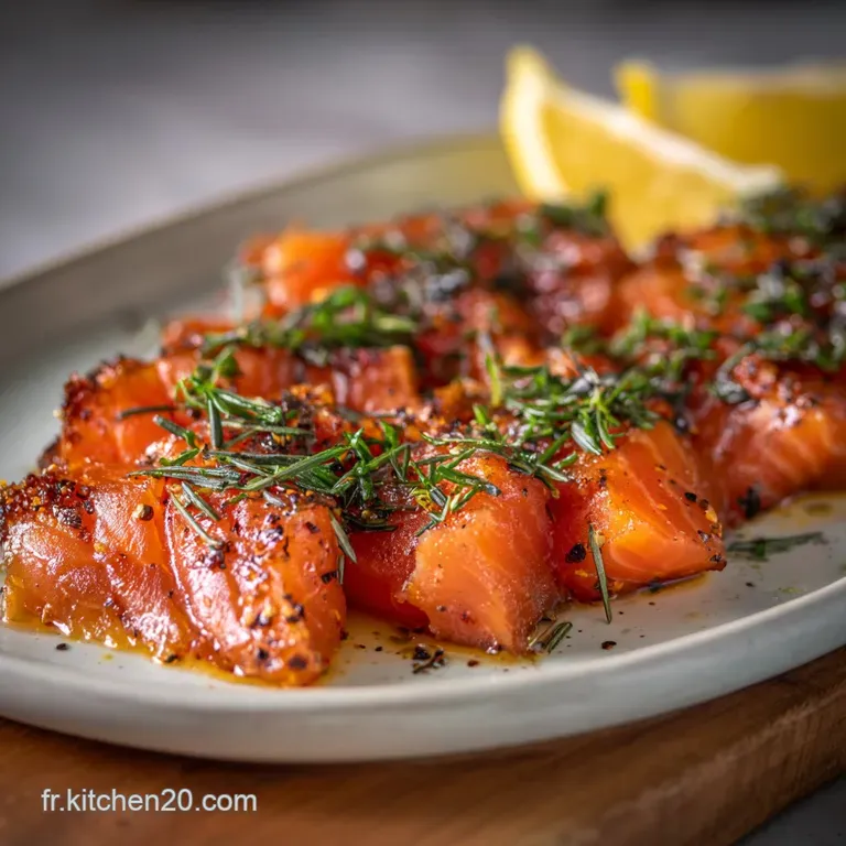 Elegant smoked salmon platter featuring translucent slices, dill sprigs, lemon wedges, and capers on white plate, ready to...