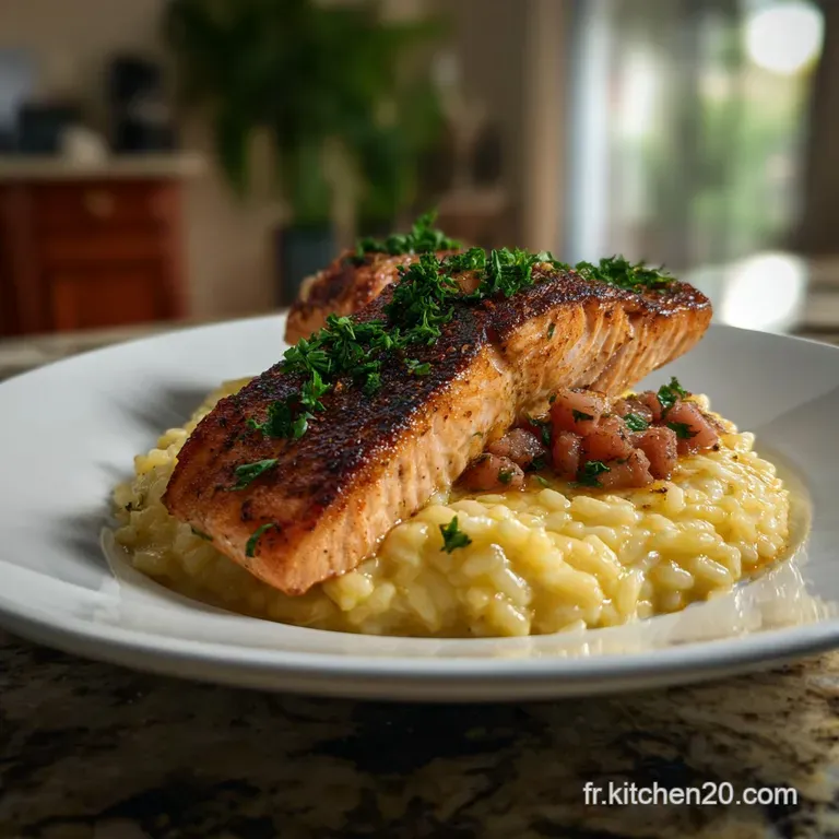 Flaky salmon with a crisp, golden skin atop creamy, ivory risotto, garnished with fresh herbs, a refined and delicious plate.