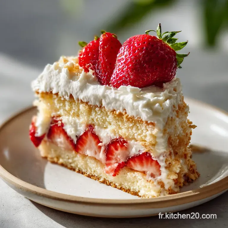 Elegant slice of strawberry shortcake; fluffy whipped cream peaks, juicy berries, and flaky crust on a plate.