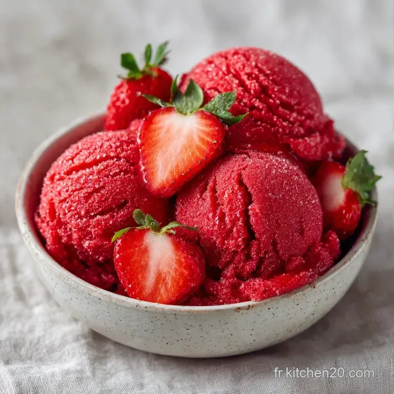 Trois quenelles de glace rose intense dispos&eacute;es avec soin, entour&eacute;es de fraises fra&icirc;ches sur une assiette blanche &eacute;pur&eacute;e.