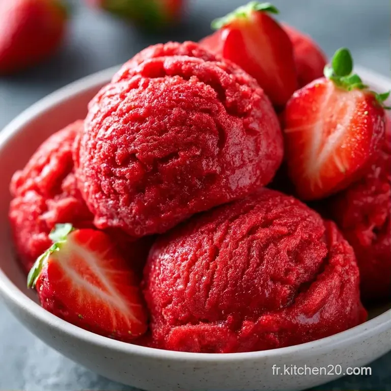 Boule de sorbet rose intense dans un verre &eacute;l&eacute;gant, entour&eacute;e de fraises fra&icirc;ches et d'une fine pellicule de givre.